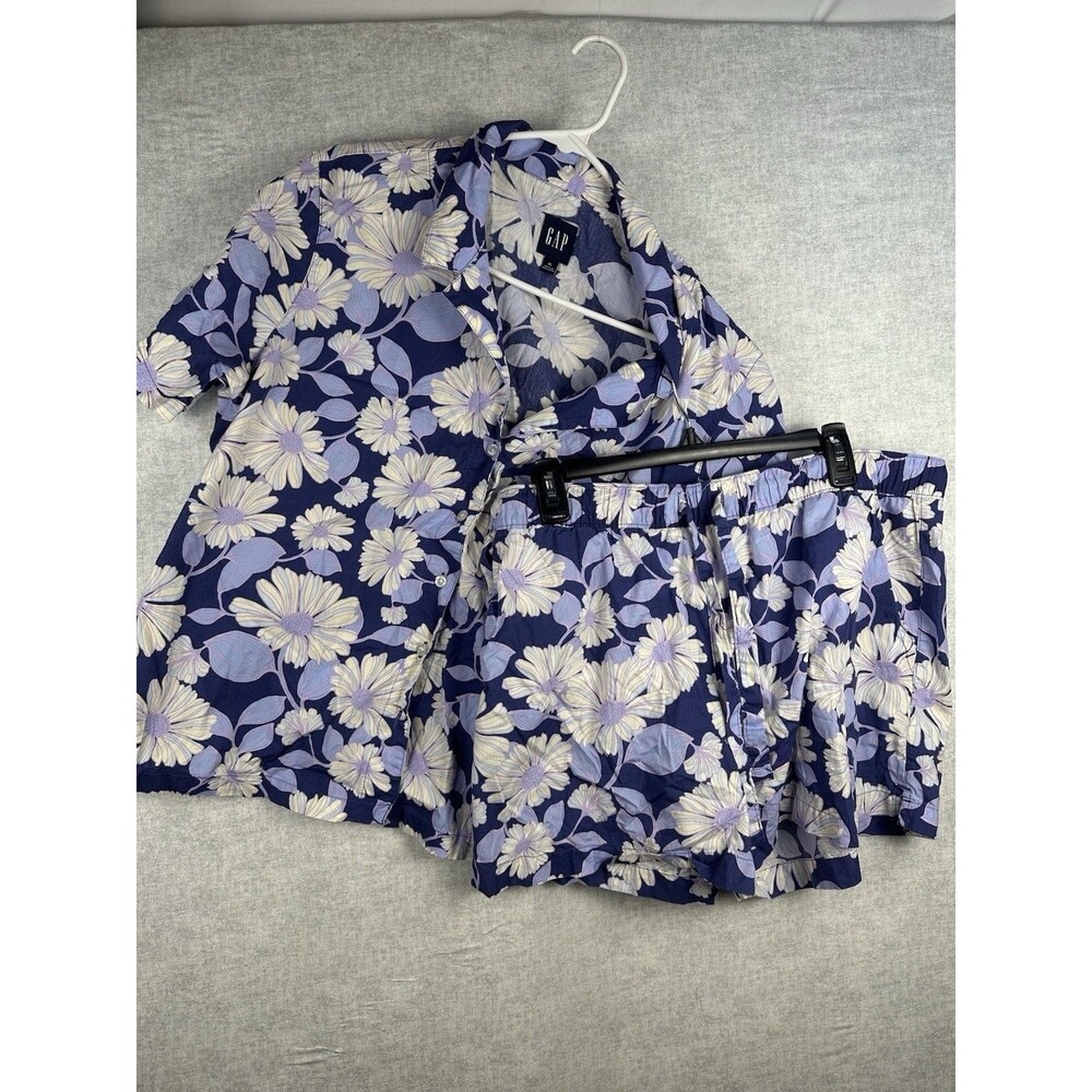 Gap Womens Pajama Set Size XL Blue Floral 2 Piece Cotton Woven Button Top Shorts
